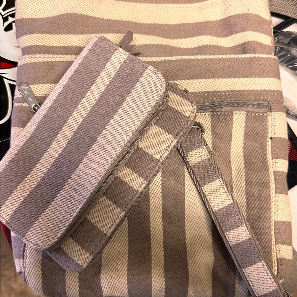 NEW Thirty One Striped Tan and Cream Women's Bag and Wallet Set